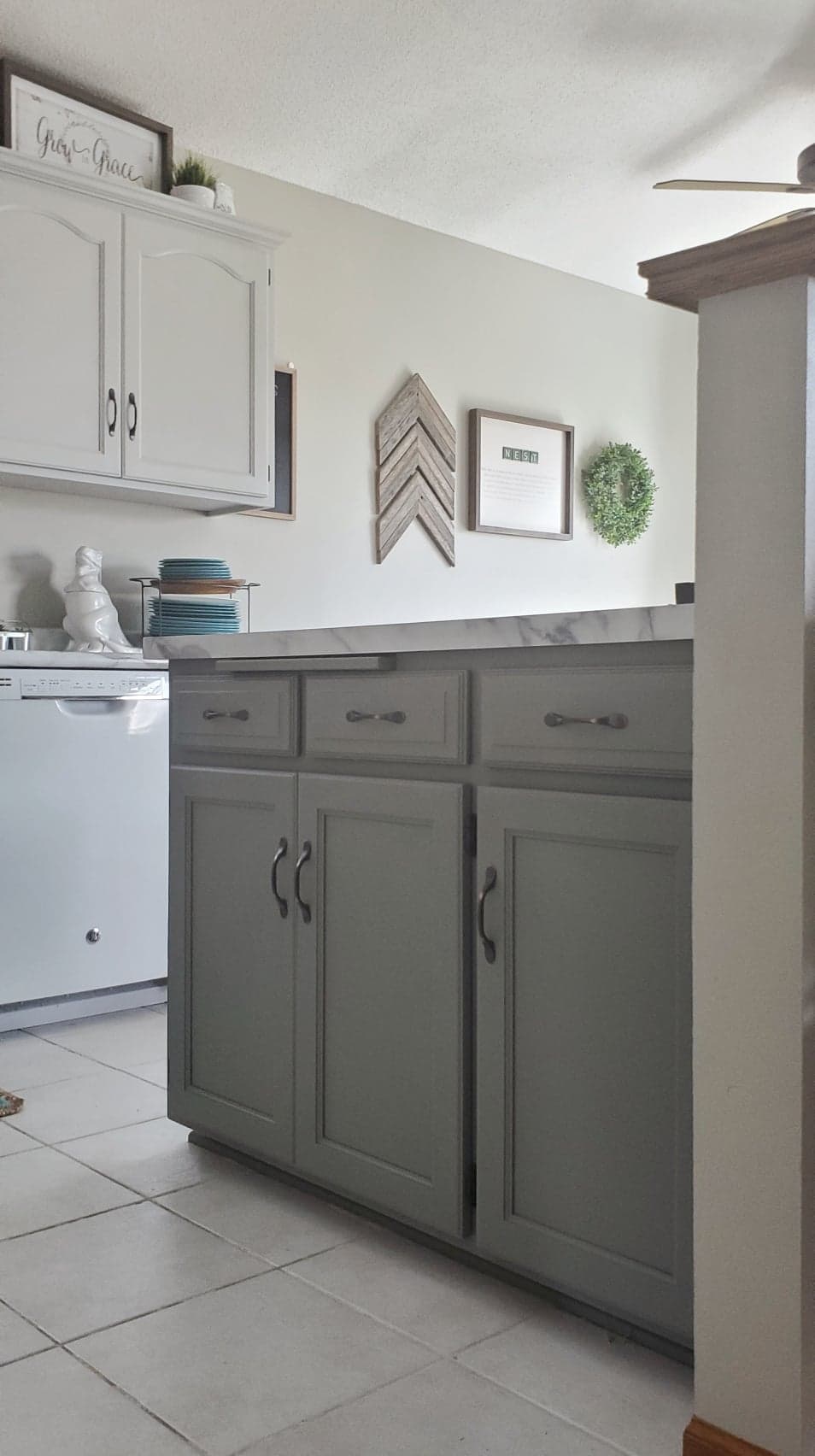 Oak cabinets painted in General Finishes Milk Paint, Perfect Gray