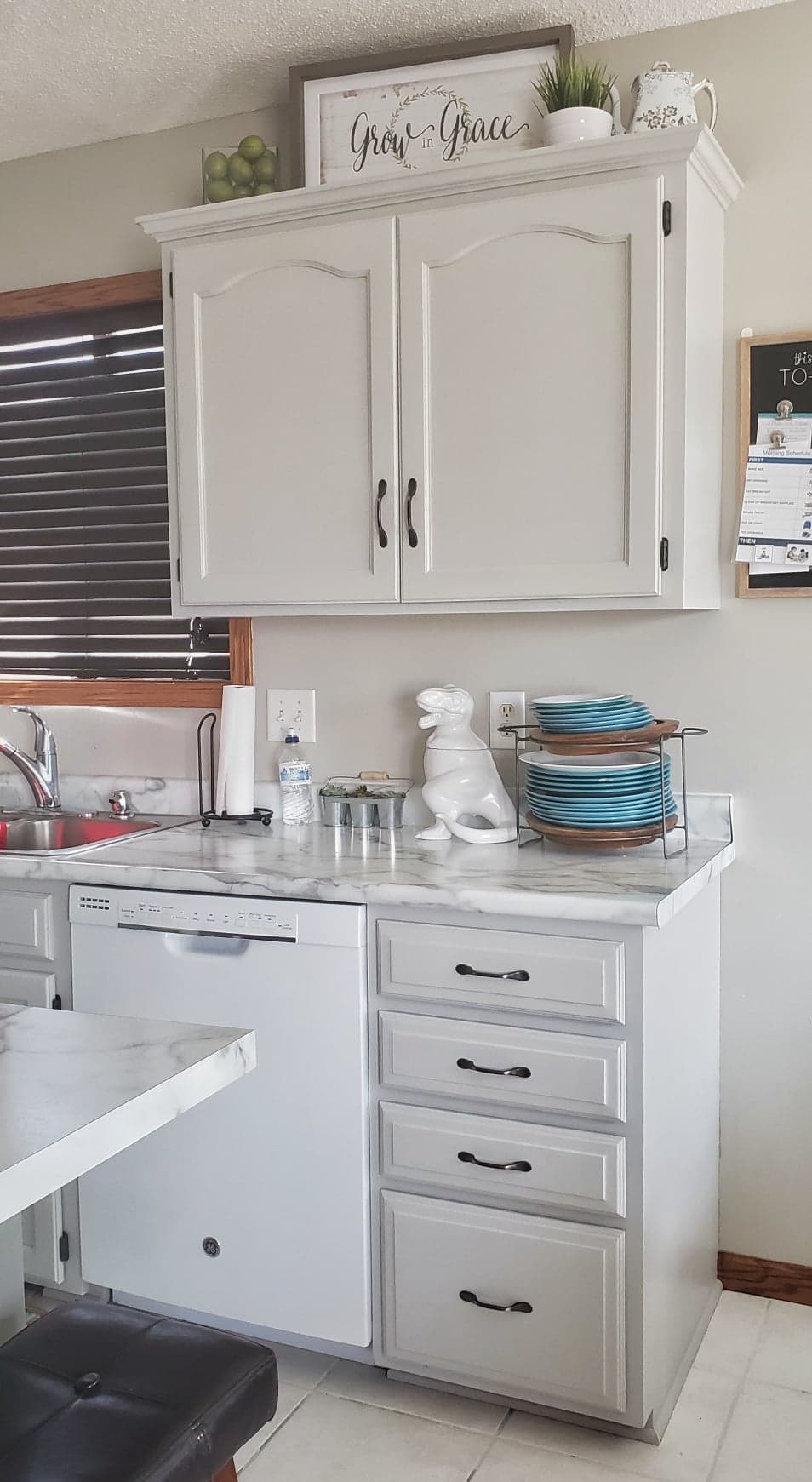 Oak cabinets painted in General Finishes Milk Paint, Seagull Gray